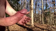 Jouer Profitez d'une journée d'hiver ensoleillée dans les bois avec une belle fille pendant qu'elle masturbe sa bite non coupée, menant à une éjaculation crémeuse en public